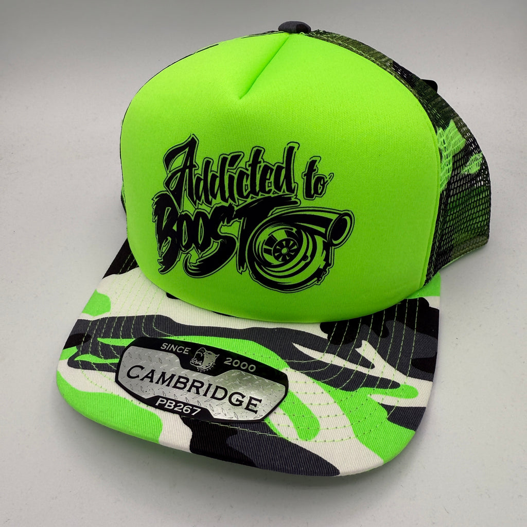 Addicted to Boost – Neon Camo Foam Trucker Cap