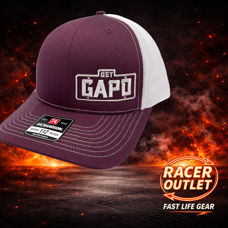 Get GAPD embroidered logo hat in Classic Camo/Black, Yupoong on Racer Outlet flame background