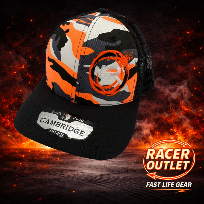 Racer Outlet embroidered logo hat in Charcoal/Turquoise on branded flame background