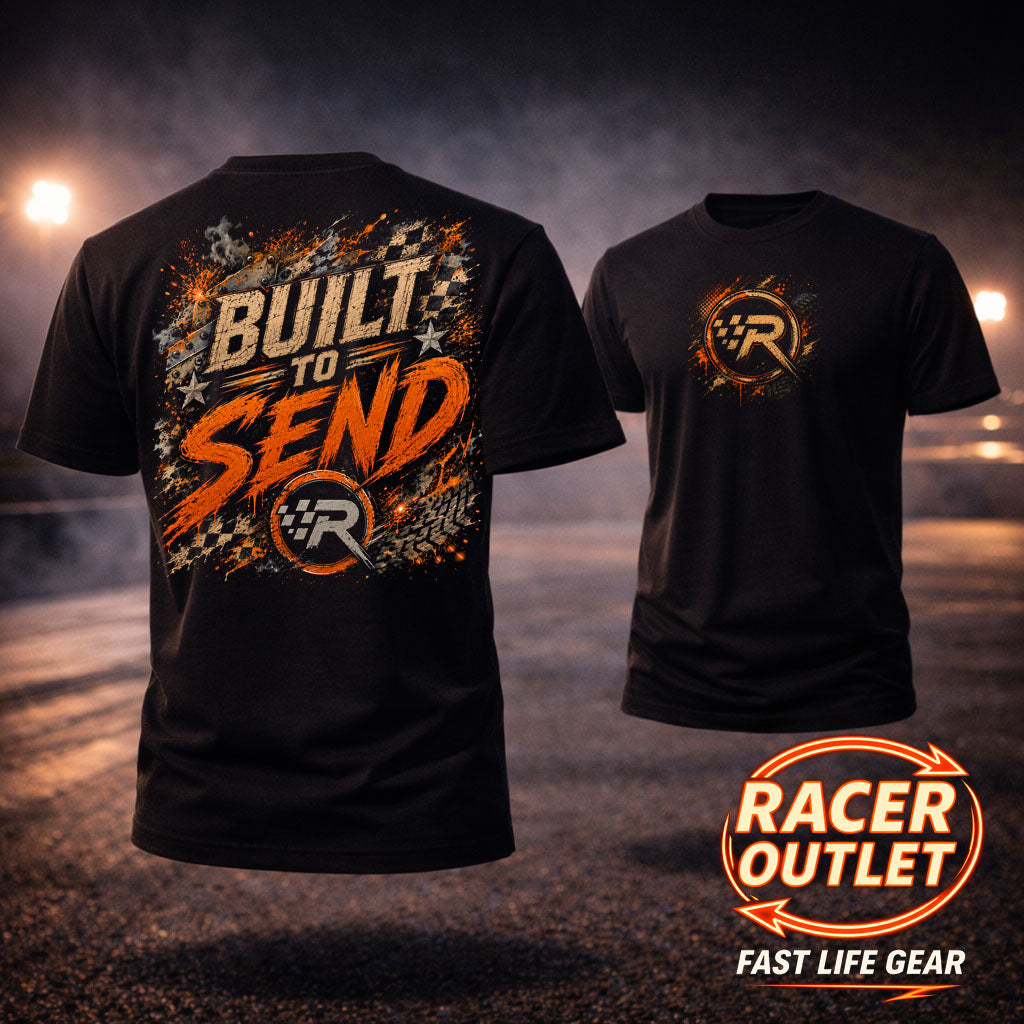 Built to Send racing tee with back graphic and Racer Outlet front logo