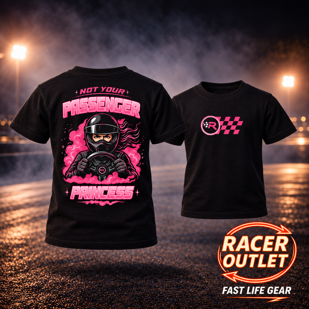 Front and back of black Not Your Passenger Princess toddler and youth tees with pink racing artwork and Racer Outlet chest logo