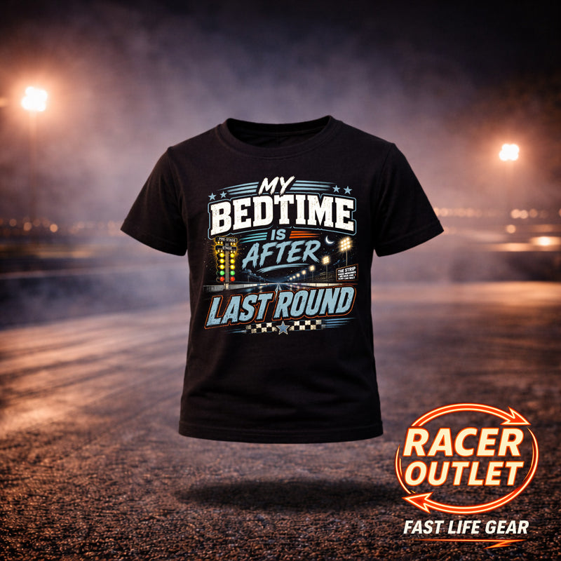 Black youth tee with My Bedtime Is After the Last Round racing graphic