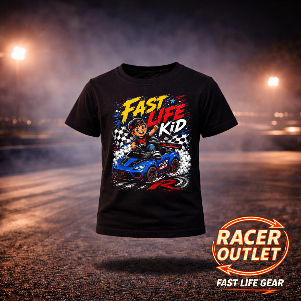 Black Fast Life Kid boys tee with blue race car, young racer and checkered flags