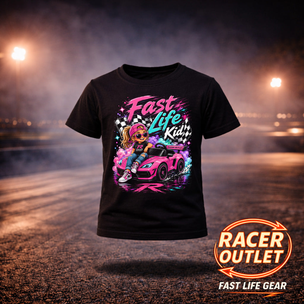 Black Fast Life Kid girls tee with pink race car, young racer and checkered flags