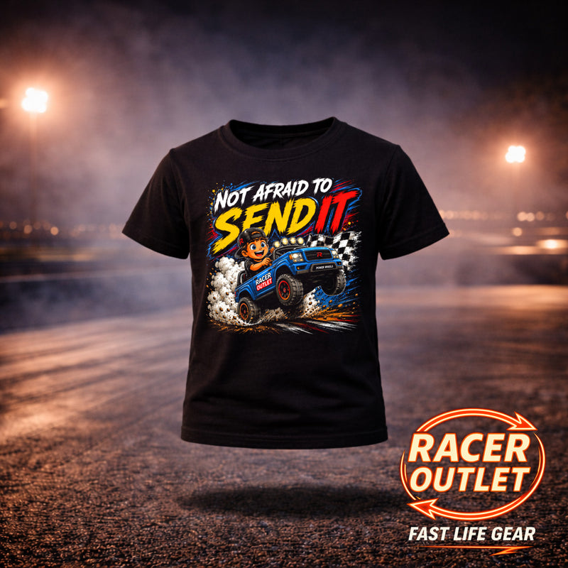 Black boys youth tee with Not Afraid to Send It off road racing graphic
