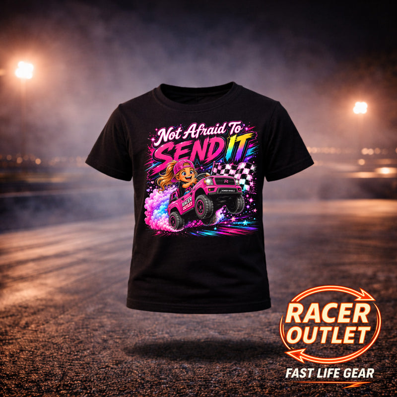 Black girls youth tee with pink Not Afraid to Send It off road racing graphic
