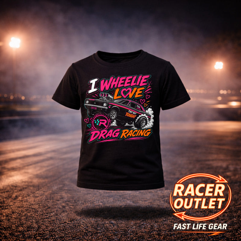Black girls youth tee with I Wheelie Love Drag Racing car graphic in pink