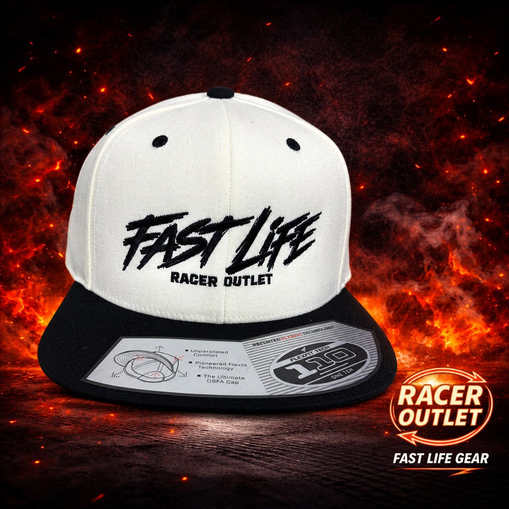 White and black Flexfit 110 flat bill hat with black Fast Life Racer Outlet embroidery