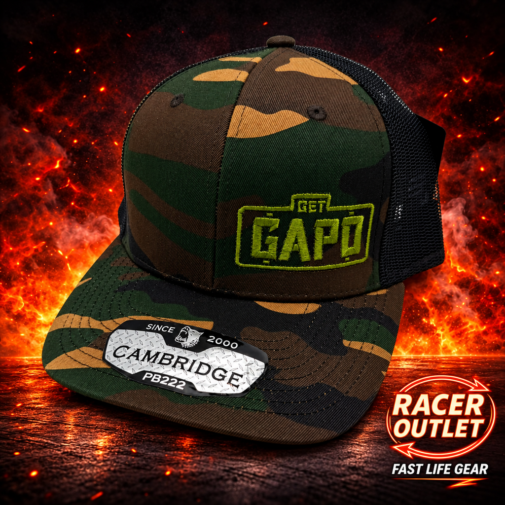 Get GAPD embroidered logo hat in Classic Camo/Black, Cambridge Green Logo on Racer Outlet flame background