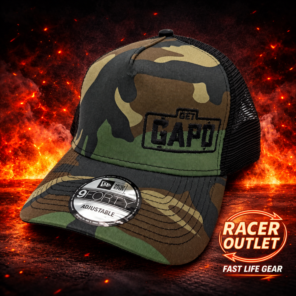 Get GAPD embroidered logo hat in Classic Camo/Black, New Era 9FORTY on Racer Outlet flame background