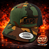 Get GAPD embroidered logo hat in Classic Camo/Black, Yupoong on Racer Outlet flame background