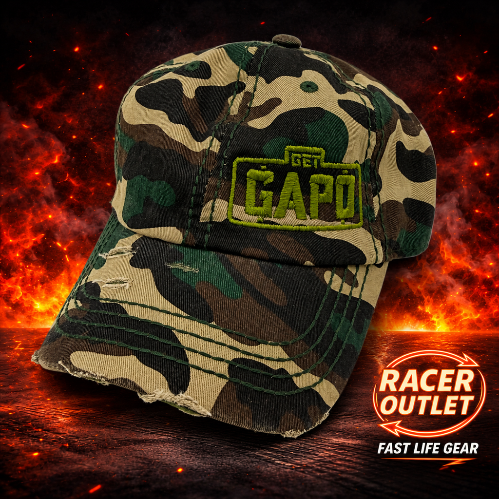 Get GAPD embroidered logo hat in Distressed Classic Camo, Green Logo on Racer Outlet flame background