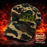 Get GAPD embroidered logo hat in Distressed Classic Camo, Green Logo on Racer Outlet flame background