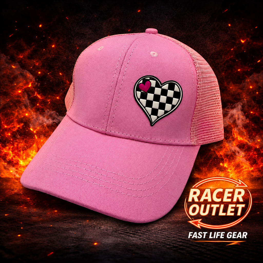 Pink Love Racing women's mesh back ponytail hat with checkered heart patch on Racer Outlet background