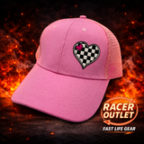 Pink Love Racing women's mesh back ponytail hat with checkered heart patch on Racer Outlet background