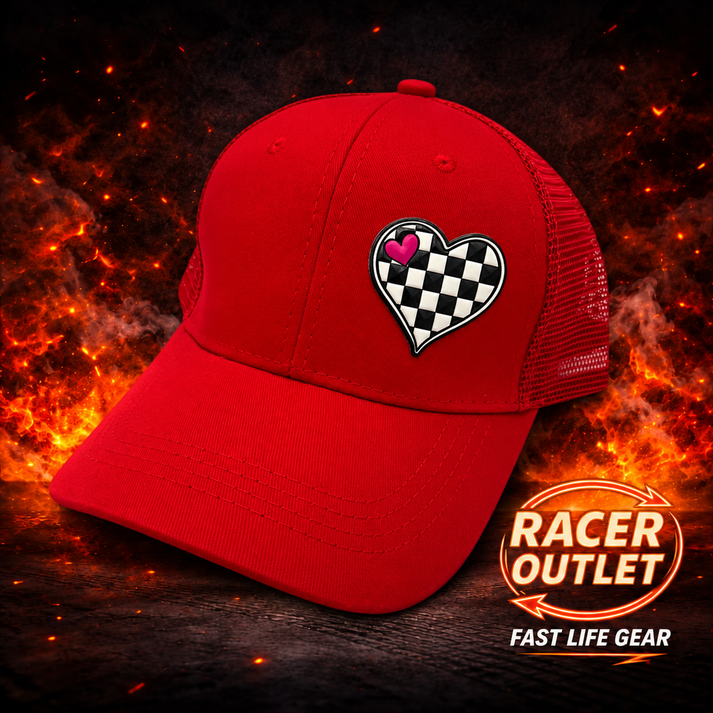 Red Love Racing women's mesh back ponytail hat with checkered heart patch on Racer Outlet background