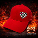 Red Love Racing women's mesh back ponytail hat with checkered heart patch on Racer Outlet background