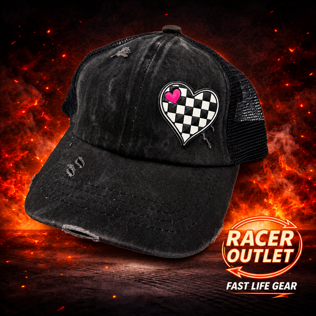 Love Racing youth cross back ponytail hat, Black