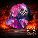 Love Racing youth cross back ponytail hat, Bright Pink/Purple Tie Dye
