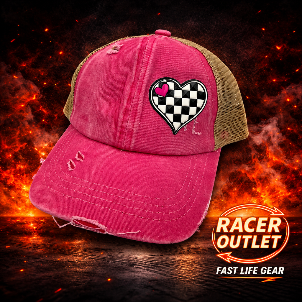 Love Racing youth cross back ponytail hat in hot pink with tan mesh