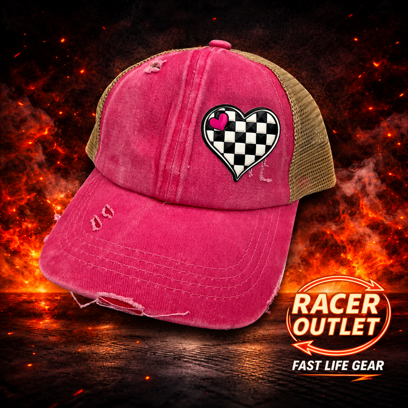 Love Racing youth cross back ponytail hat in hot pink with tan mesh