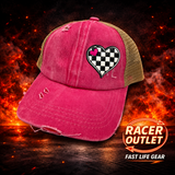 Love Racing youth cross back ponytail hat in hot pink with tan mesh