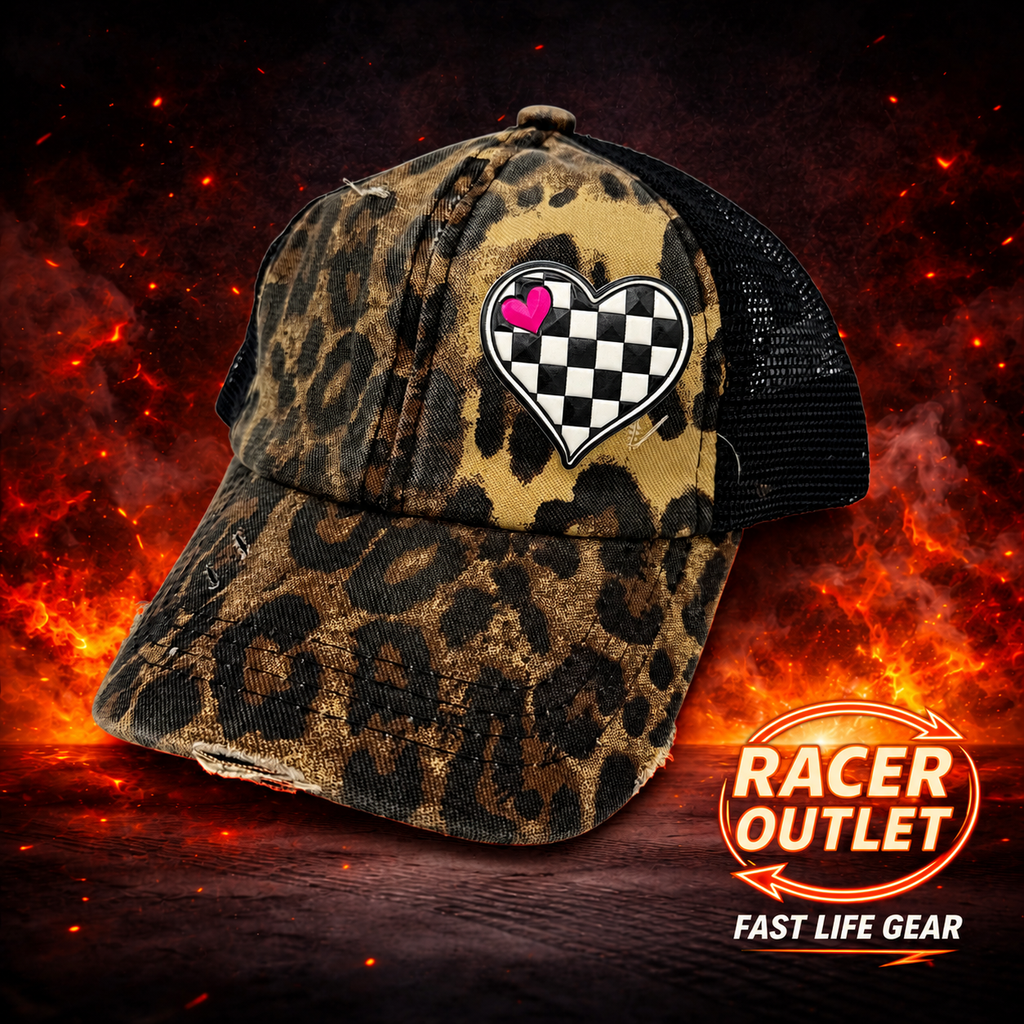 Love Racing youth cross back ponytail hat, Leopard