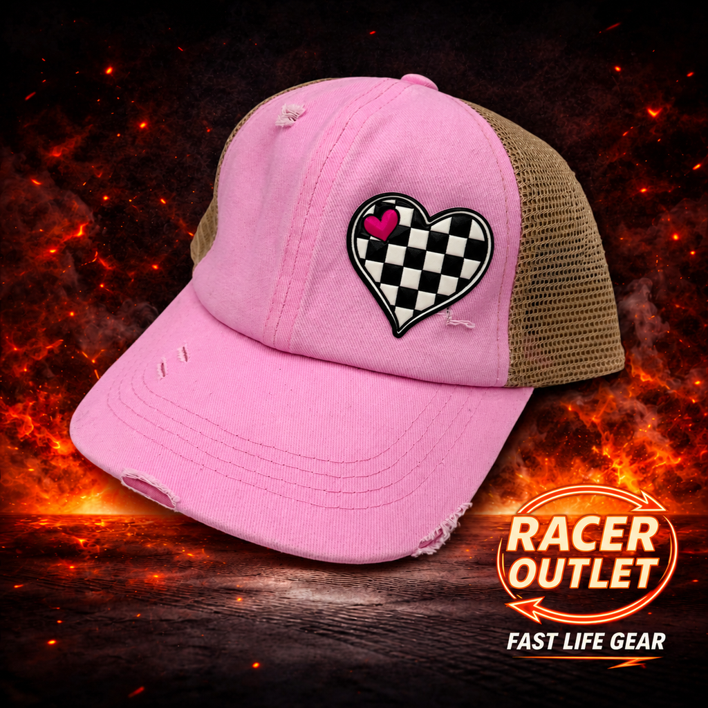 Love Racing youth cross back ponytail hat, Light Pink