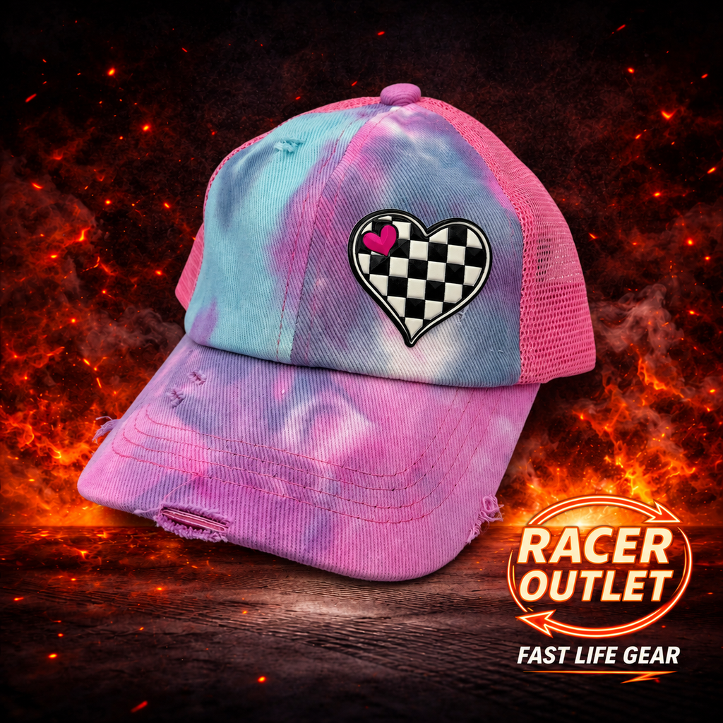 Love Racing youth cross back ponytail hat, Pastel Tie Dye, Pink Mesh