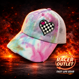 Love Racing youth cross back ponytail hat, Pastel Tie Dye, White Mesh