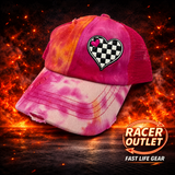 Love Racing youth cross back ponytail hat, Pink/Orange Tie Dye