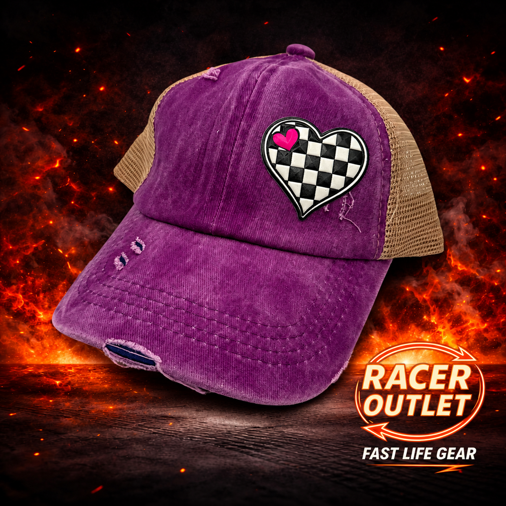 Love Racing youth cross back ponytail hat, Purple