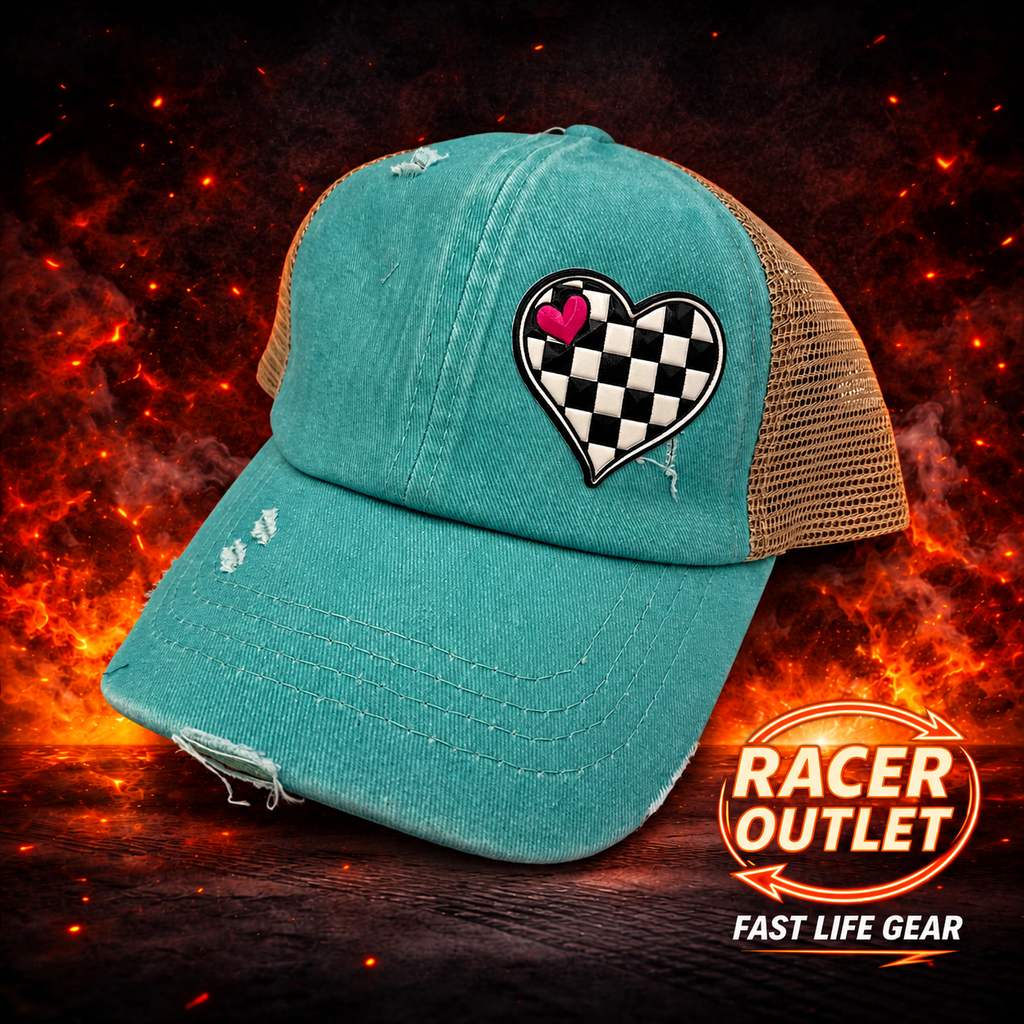 Love Racing youth cross back ponytail hat, Turquoise