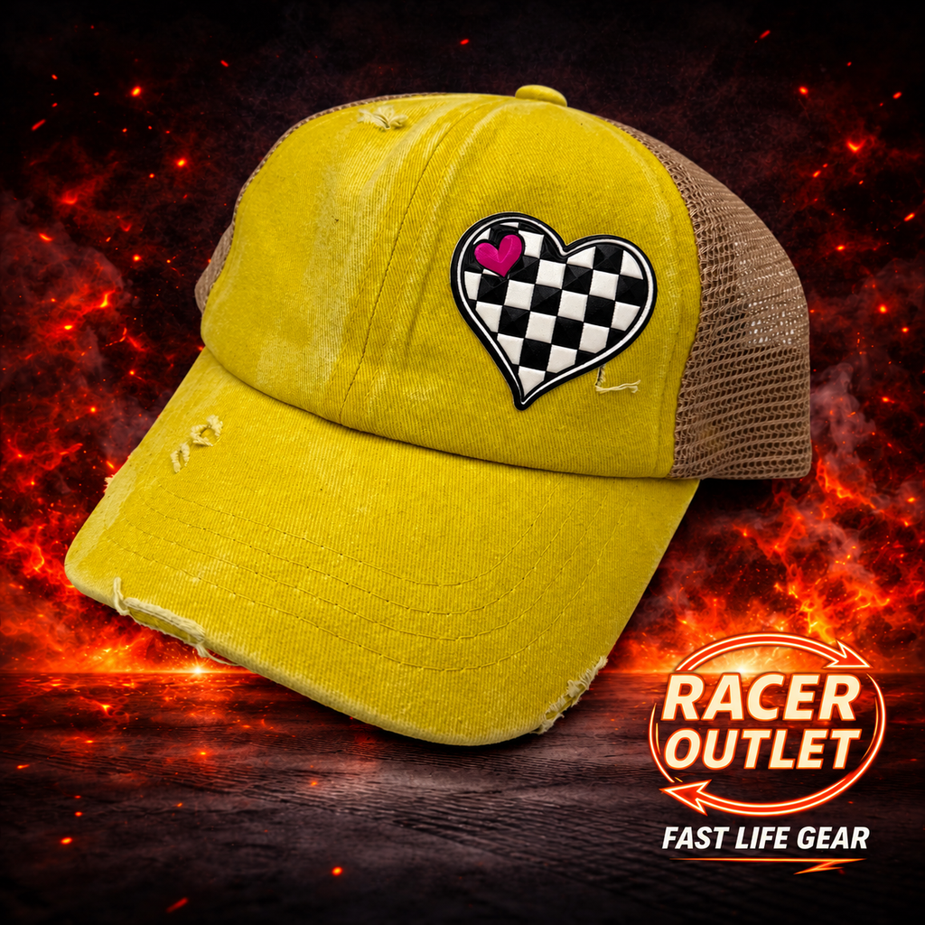 Love Racing youth cross back ponytail hat, Yellow