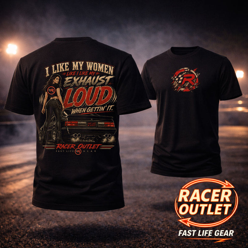 Front and back of black Racer Outlet Loud Exhaust men's T-shirt, featuring red and tan racing artwork and round R front logo