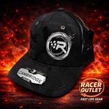 Racer Outlet embroidered logo hat in Black Camo, Grey/White Logo on branded flame background