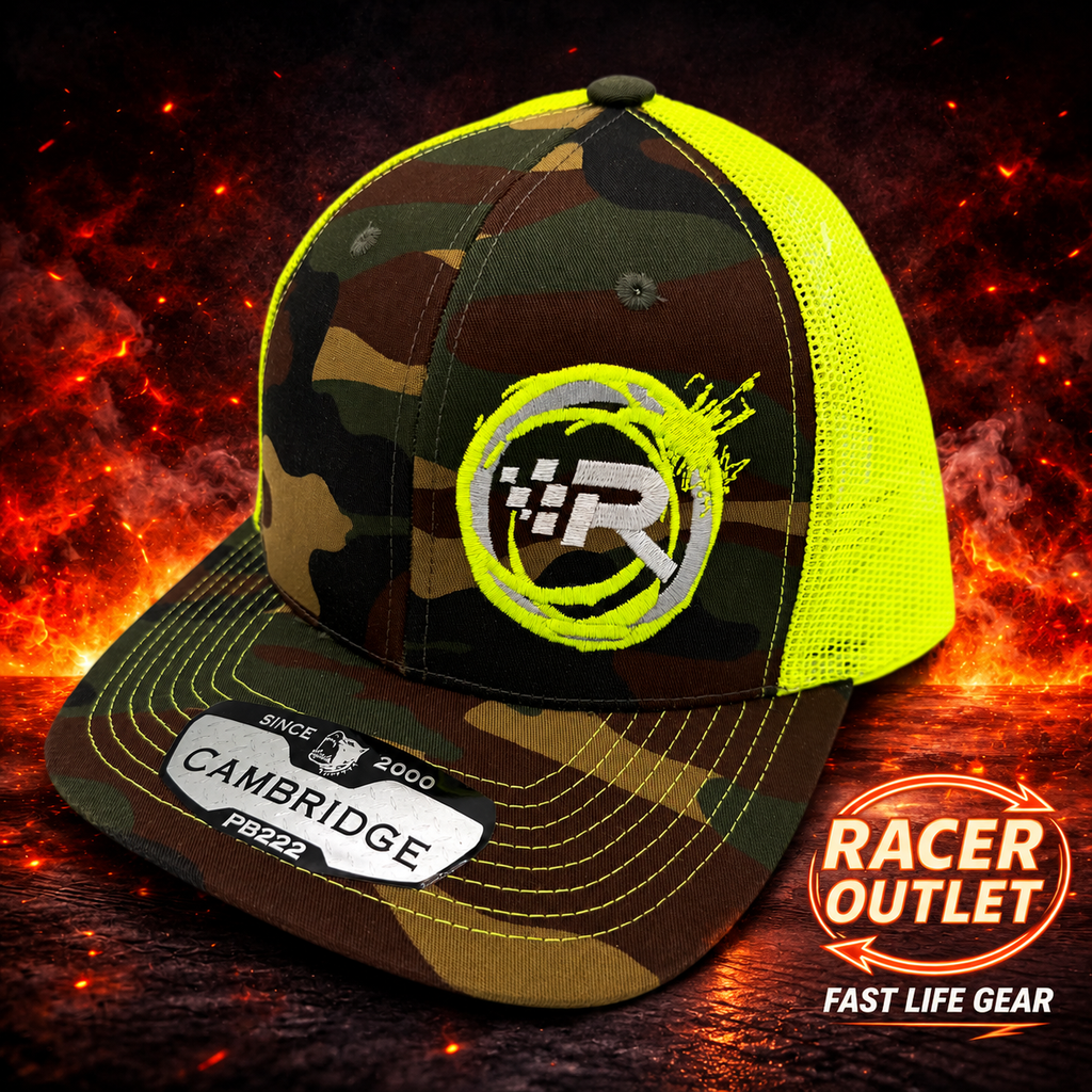 Racer Outlet embroidered logo hat in Camo Black/Neon Yellow on branded flame background