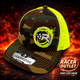 Racer Outlet embroidered logo hat in Camo Black/Neon Yellow on branded flame background