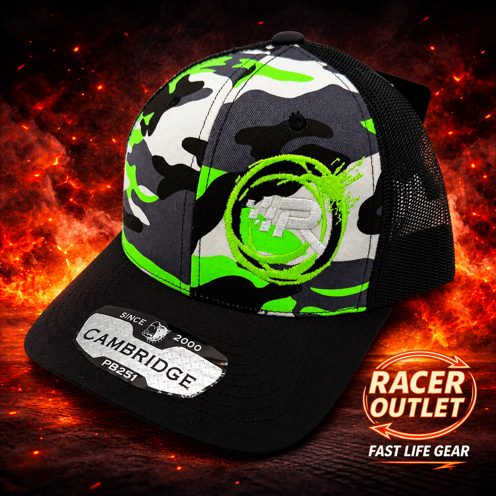 Racer Outlet embroidered logo hat in Camo Neon Green/Black on branded flame background
