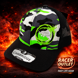 Racer Outlet embroidered logo hat in Camo Neon Green/Black on branded flame background