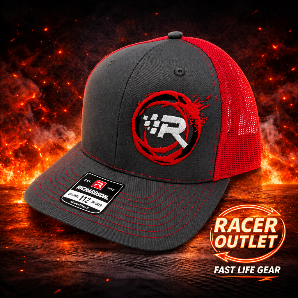 Racer Outlet embroidered logo hat in Charcoal/Red on branded flame background