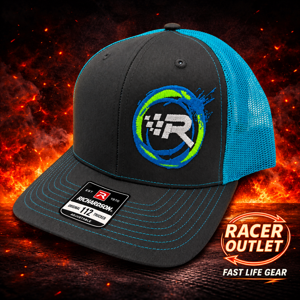 Racer Outlet embroidered logo hat in Charcoal/Turquoise on branded flame background
