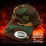 Racer Outlet embroidered logo hat in Classic Camo, Green/Black Logo on branded flame background