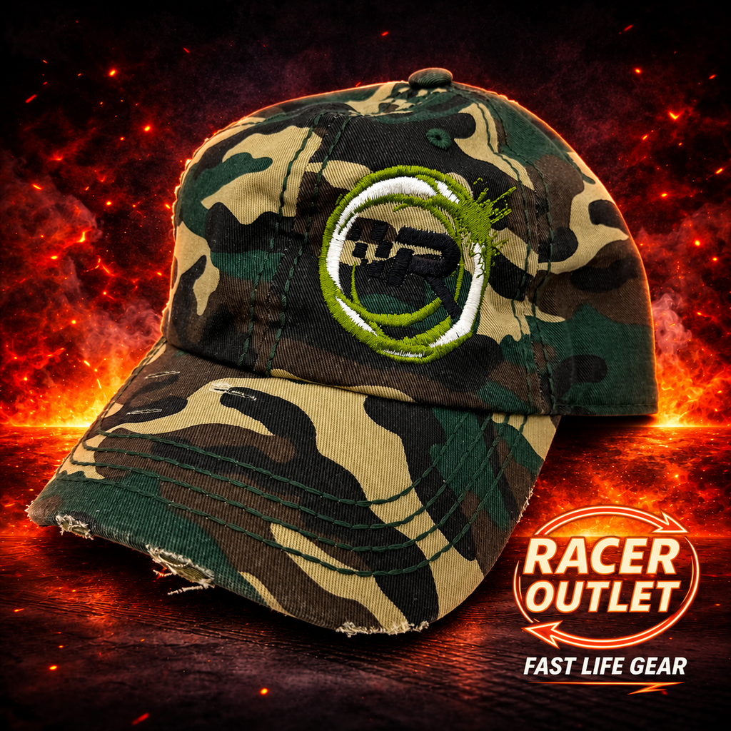 Racer Outlet embroidered logo hat in Distressed Classic Camo, Green/White Logo on branded flame background
