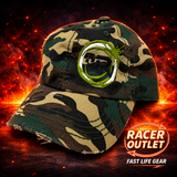 Racer Outlet embroidered logo hat in Distressed Classic Camo, Green/White Logo on branded flame background