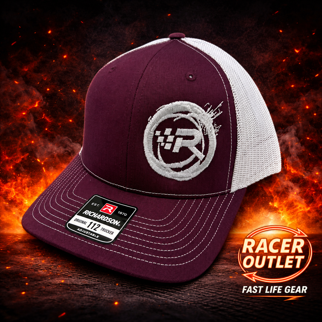 Racer Outlet embroidered logo hat in Maroon/White on branded flame background