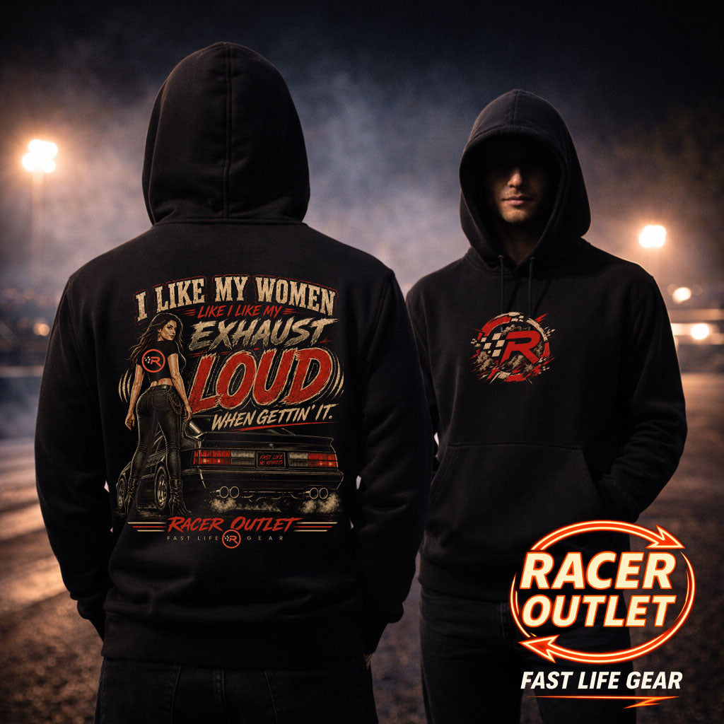 Front and back of black Racer Outlet Loud Exhaust hoodie with red and tan back graphic and round R front logo