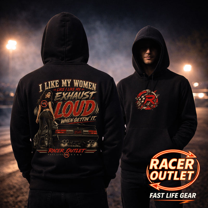 Front and back of black Racer Outlet Loud Exhaust hoodie with red and tan back graphic and round R front logo